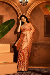 Coral Peach Banarasi Tissue Handloom Saree